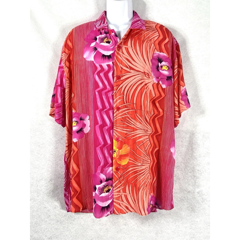 Vintage Jams World Shirt Mens XL Pink Red Button Up Floral Tropical Aloha